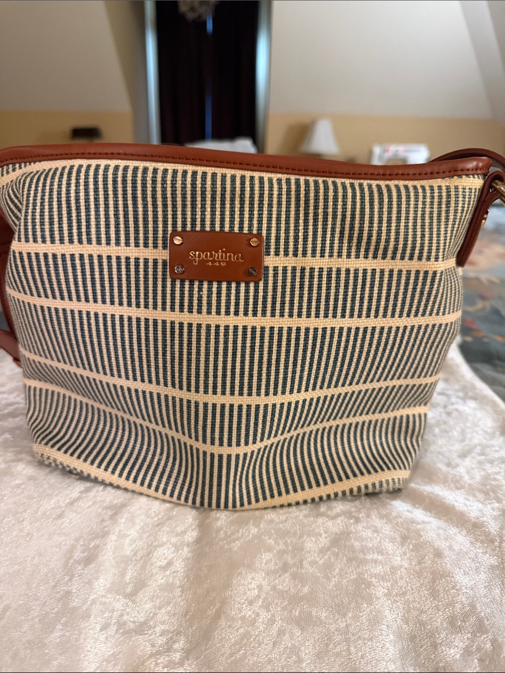 Spartina 449 Striped Canvas Pouch in Navy and Tan Trim